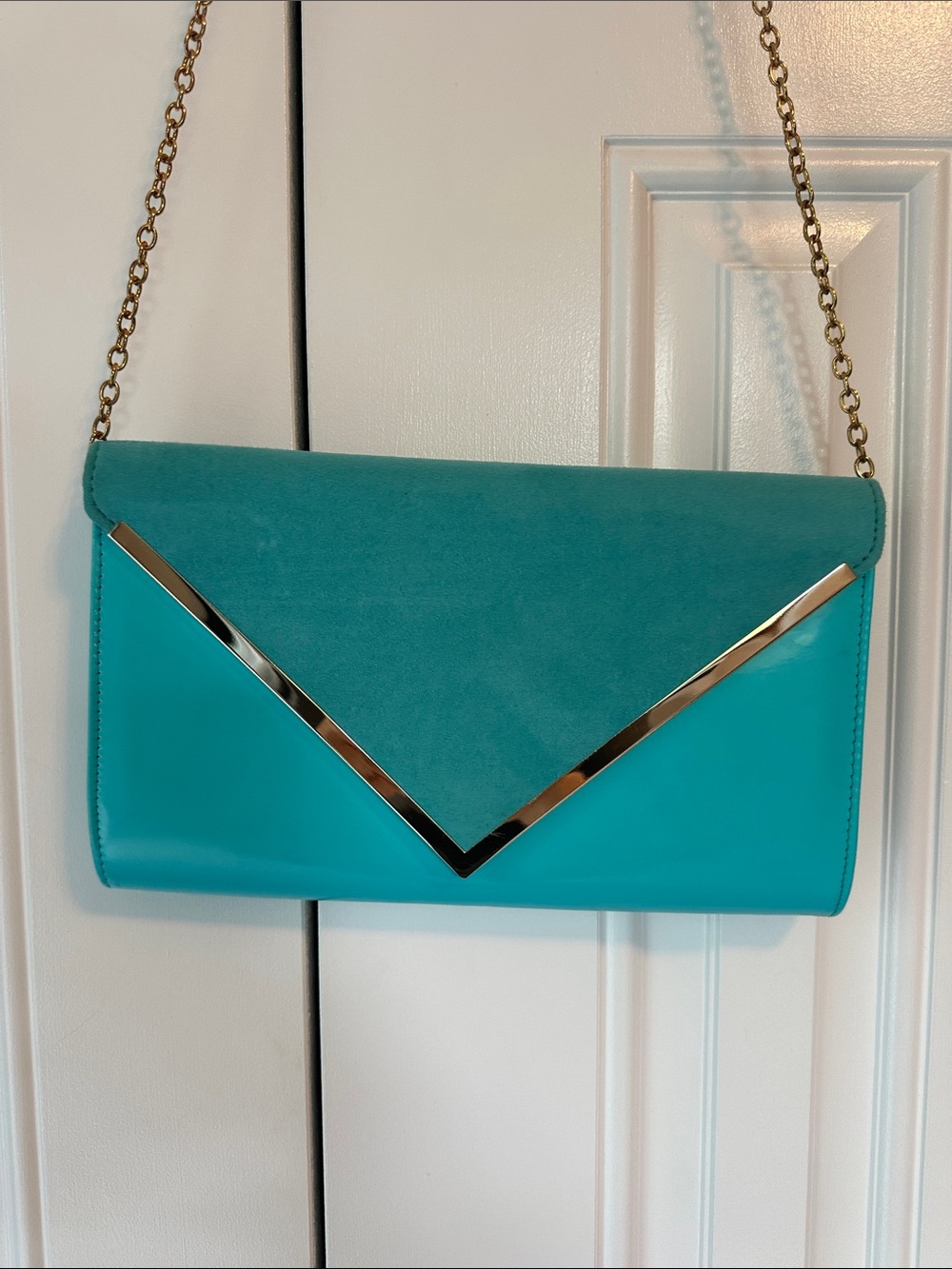 Aldo Teal Envelope Clutch with Gold Chain Detail